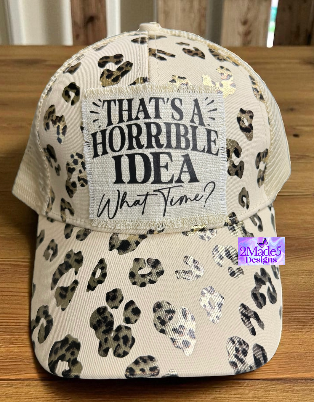 That’s A Horrible Idea, What Time? White Leopard Distressed Ponytail Hat