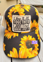 Load image into Gallery viewer, I Have It All Together Distressed Sunflower Criss Cross Ponytail Hat

