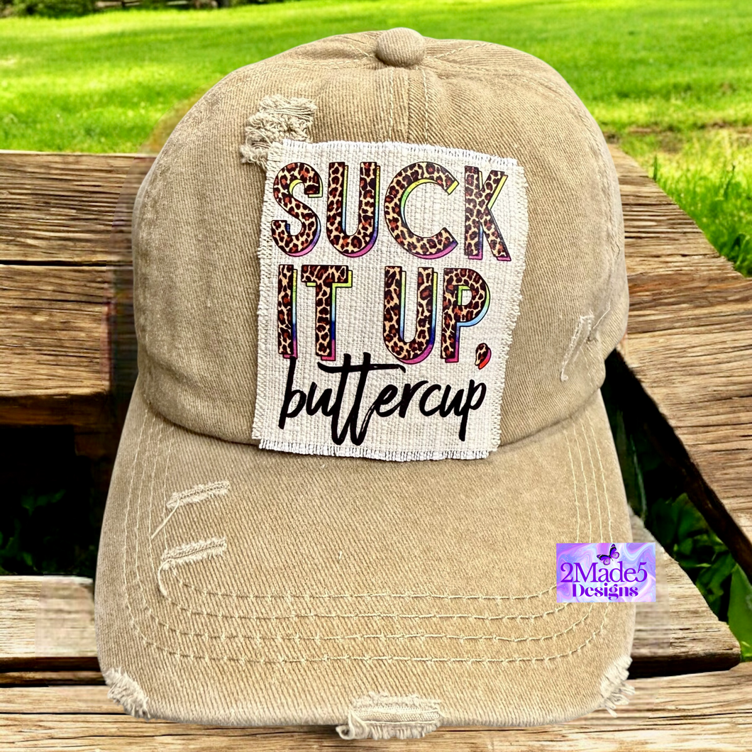 Suck It Up Buttercup Distressed Criss Cross Ponytail Hat