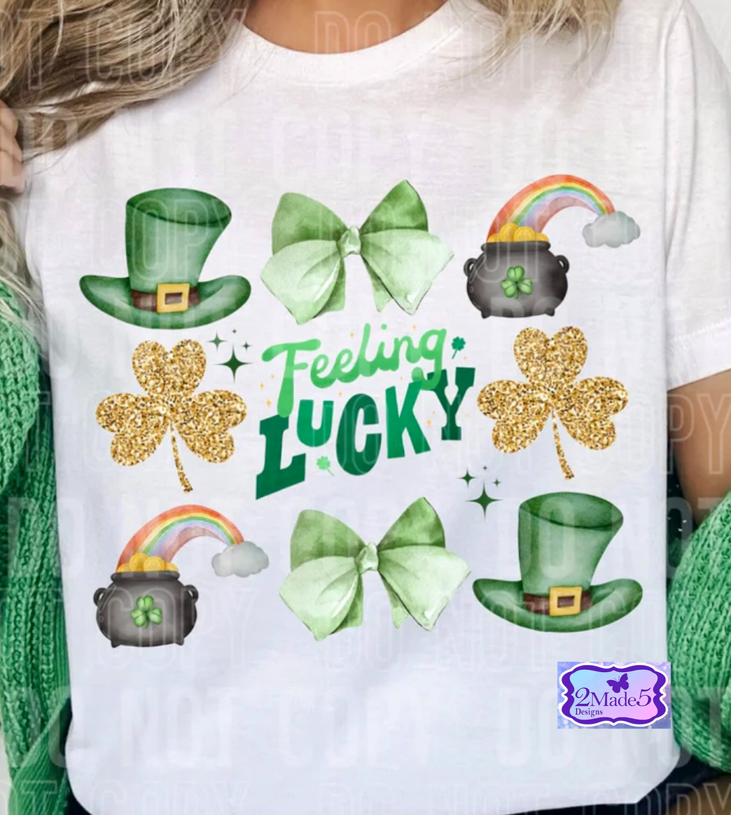 Feeling Lucky St Patrick’s Hats, Clovers, Coquette Bows, Pot of Gold Shirt