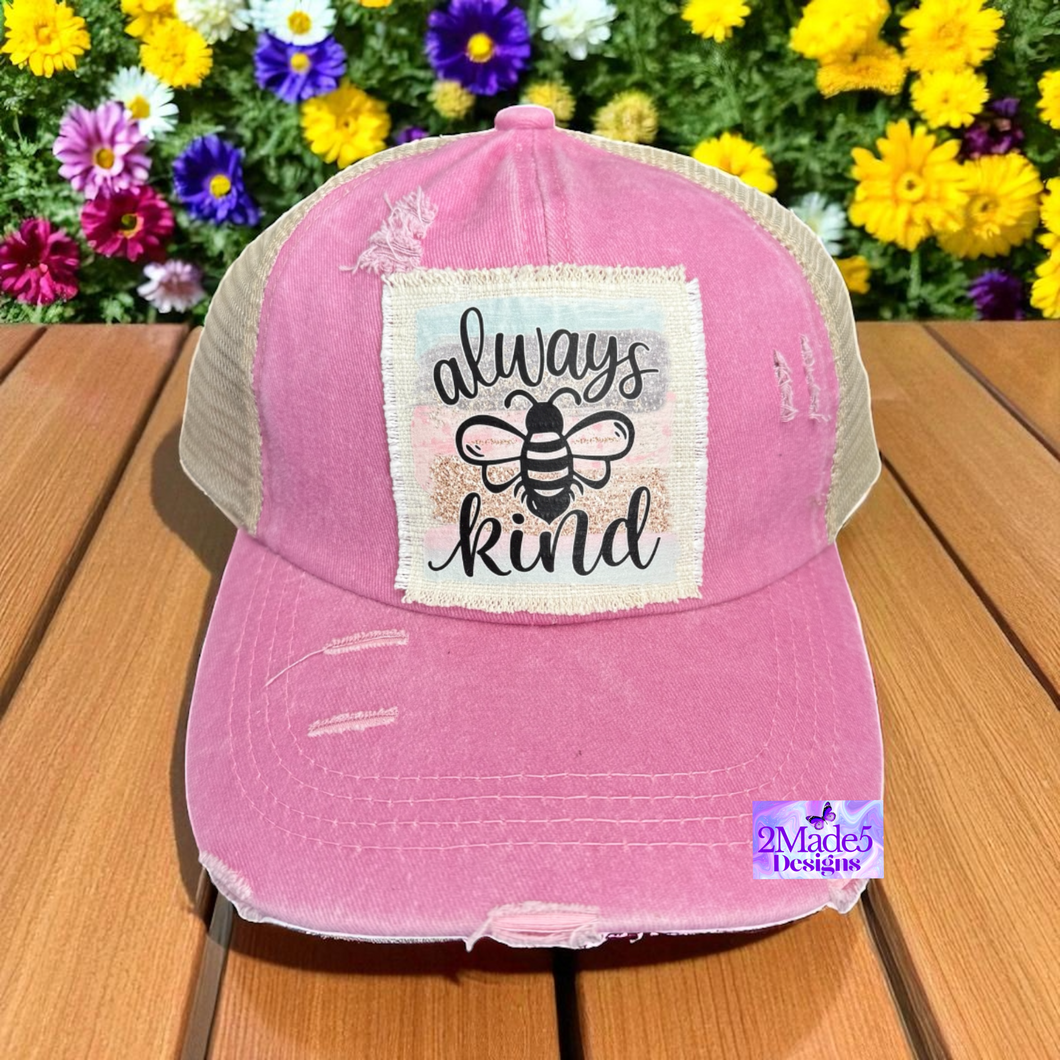 Always Bee Kind Distressed Criss Cross Ponytail Hat