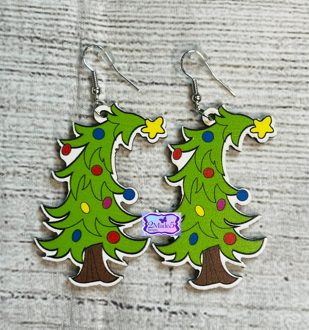 Grinch Tree Dangle Wood Christmas Earrings