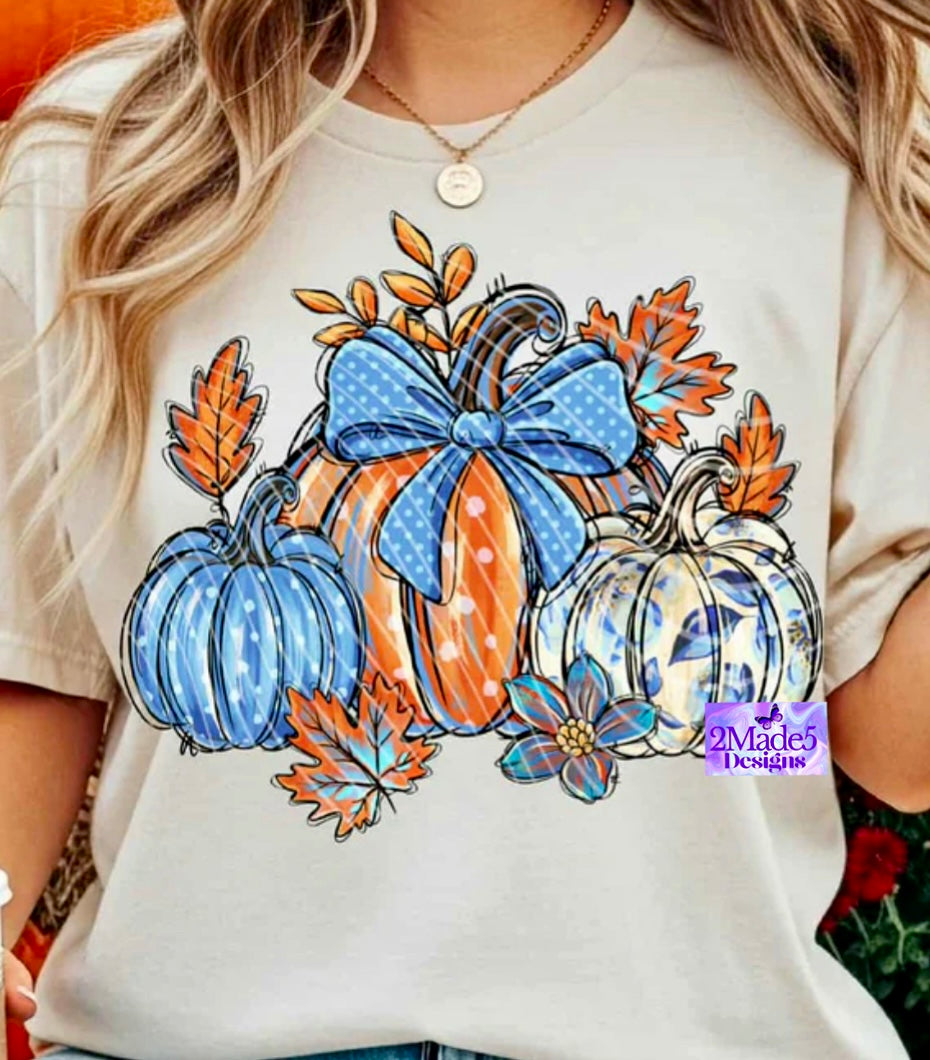 Blue Pumpkin Trio & Bow Shirt