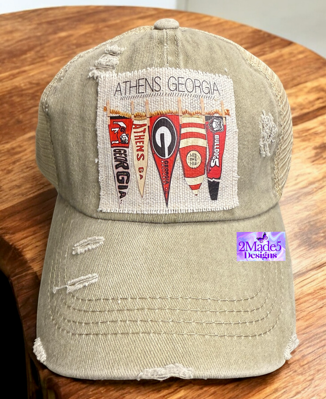 Georgia Pennant Khaki Distressed Criss Cross Ponytail Hat