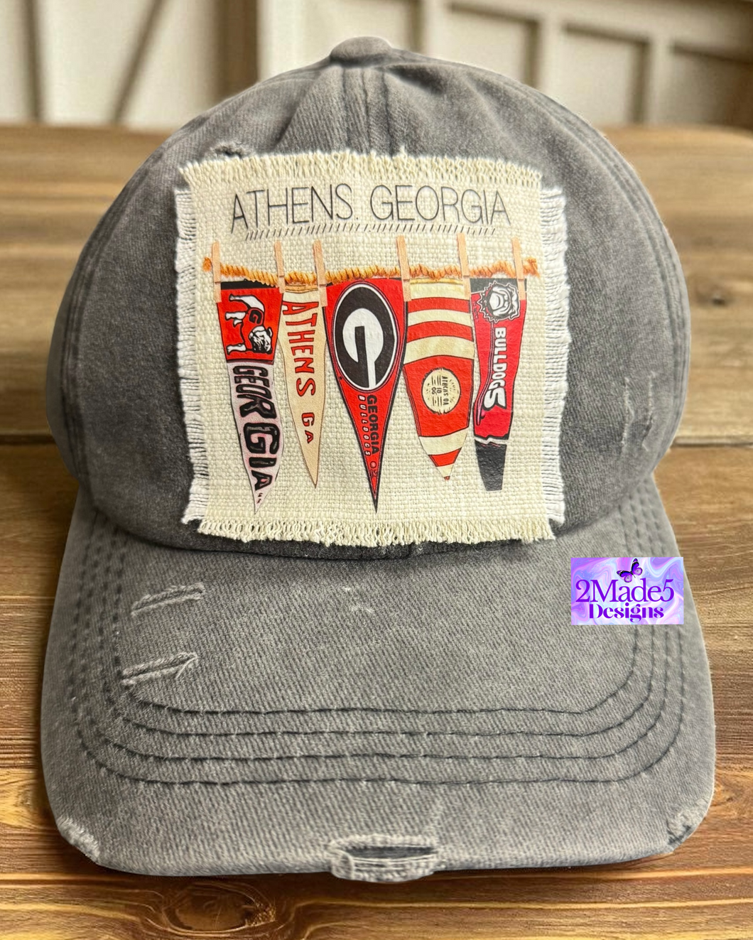 Georgia Pennant Distressed Black Criss Cross Ponytail Hat