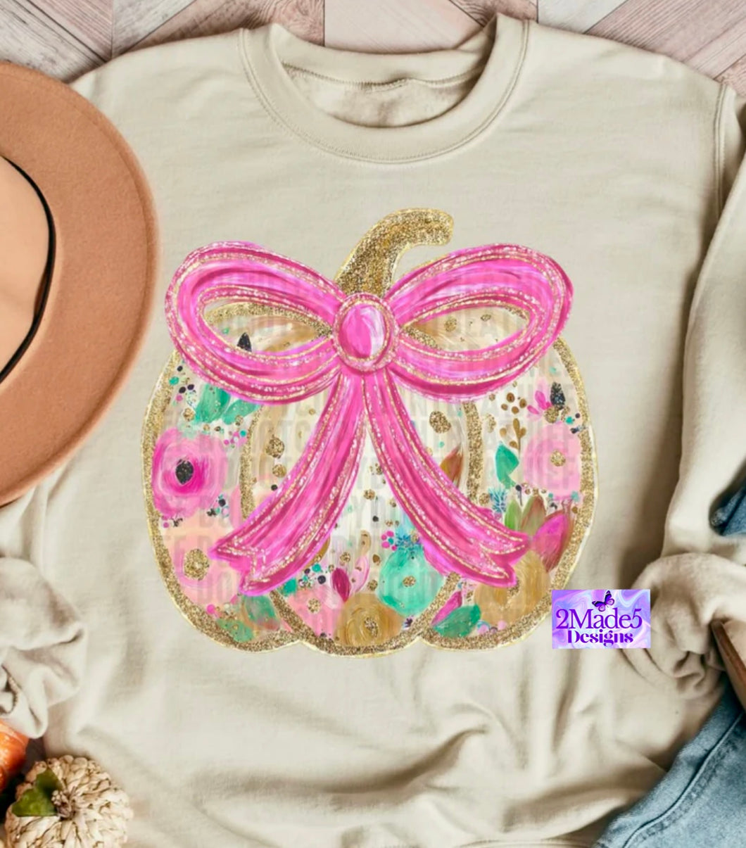 Floral Pumpkin Pink Bow Faux Glitter Shirt