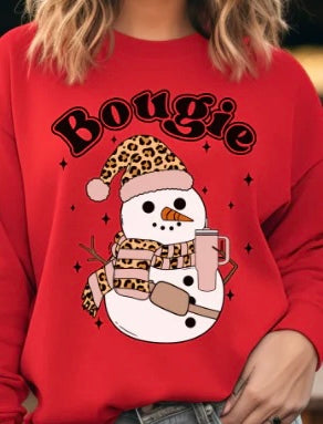 Bougie Snowman on Bella Canva Red Shirt