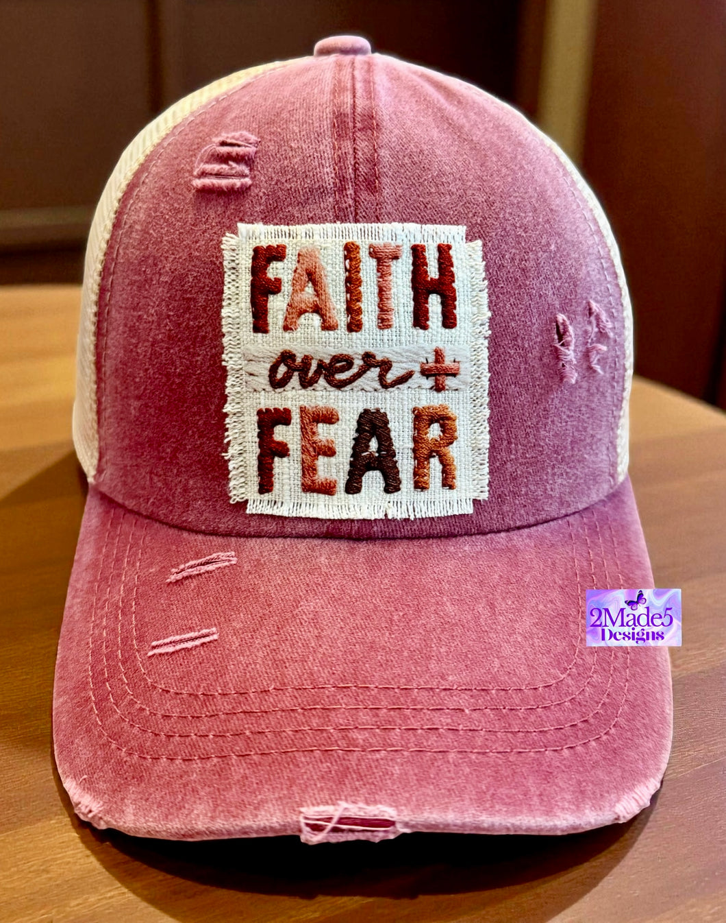 Faith Over Fear Distressed Ponytail Hat