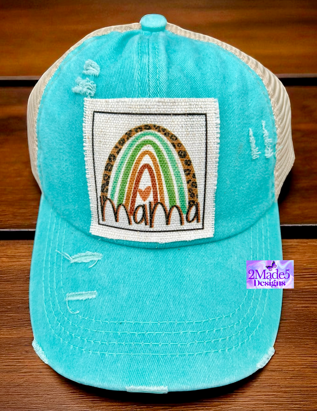 Mama Rainbow Distressed Criss Cross Teal Ponytail Hat