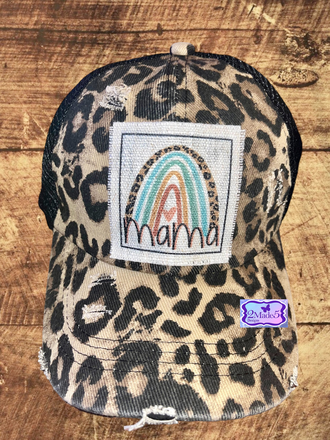 Mama Leopard Rainbow Distressed Criss Cross Ponytail Hat