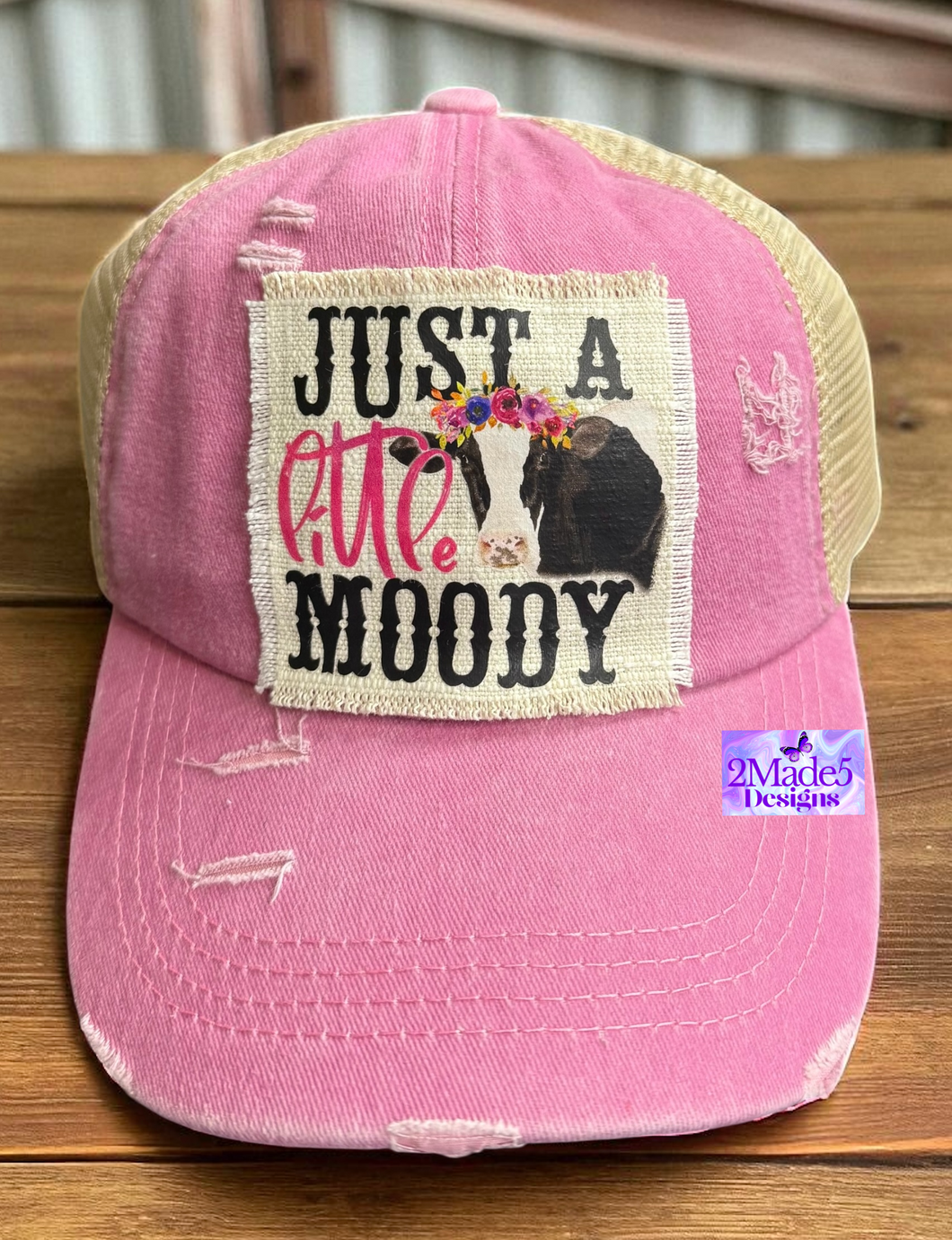 Just A Little Moody Distressed Pink Criss Cross Ponytail Hat