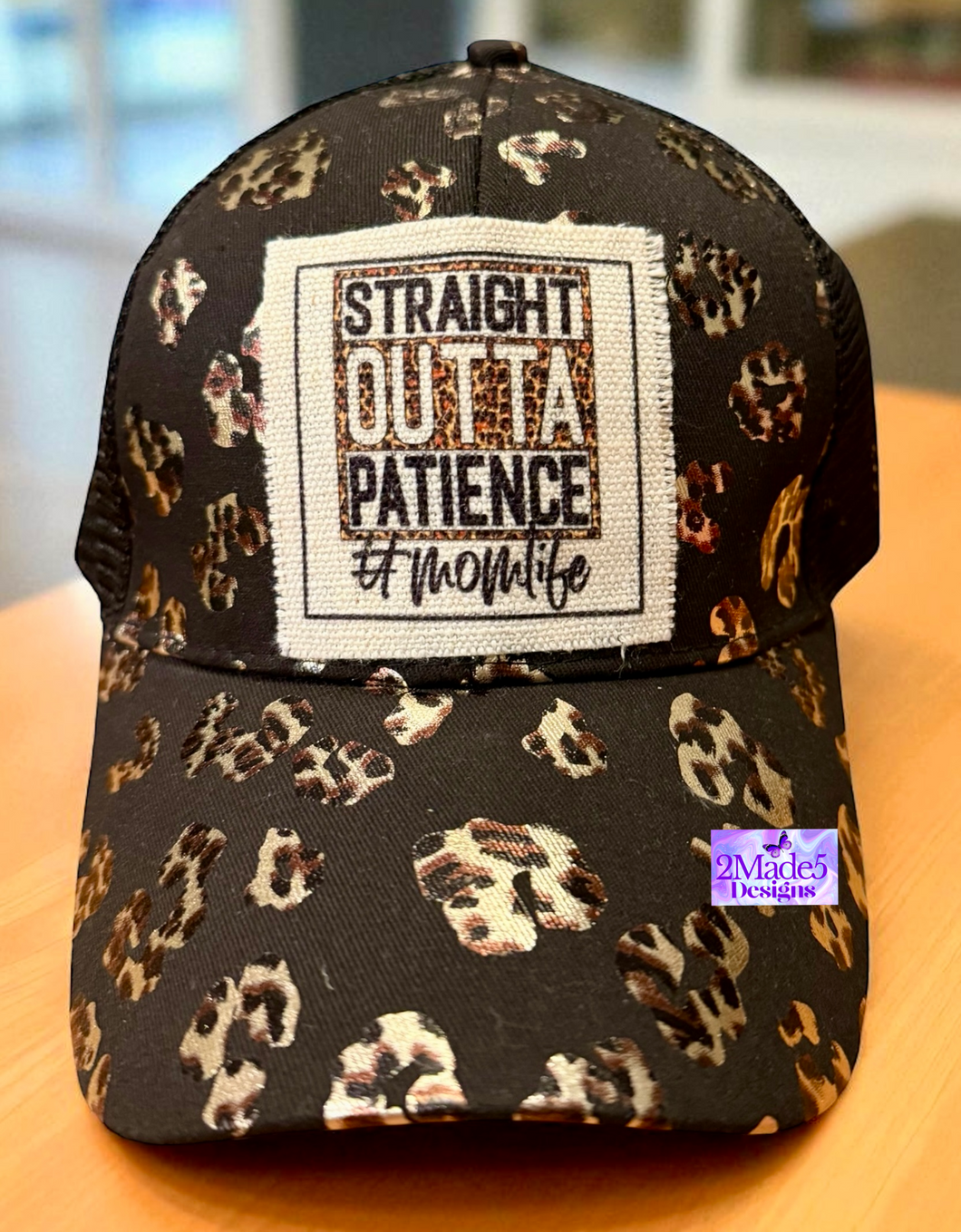 Straight Outta Patience #MOMLIFE Distressed Criss Cross Black Leopard Ponytail Hat