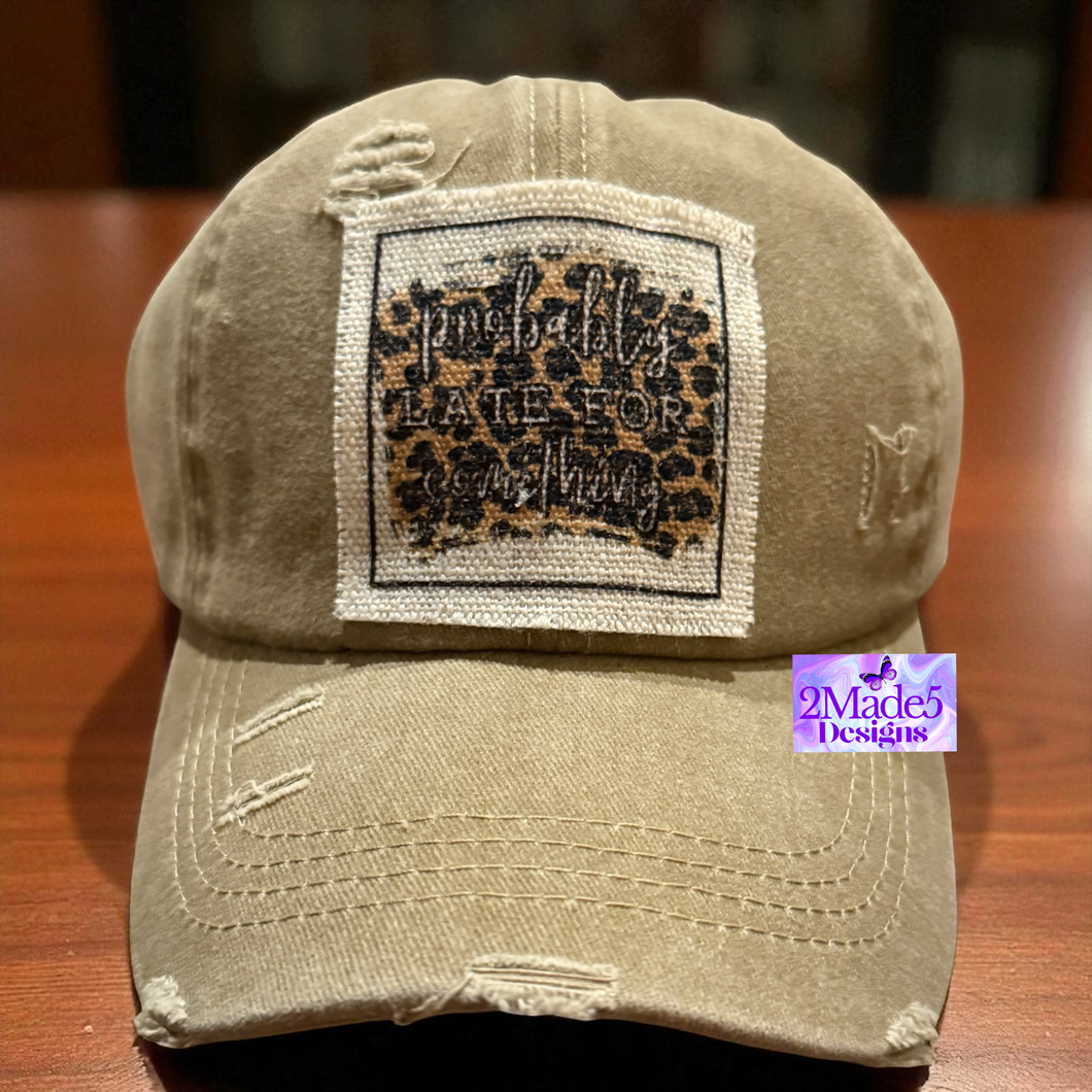 Probably Late For Something Distressed Criss Cross Ponytail Hat