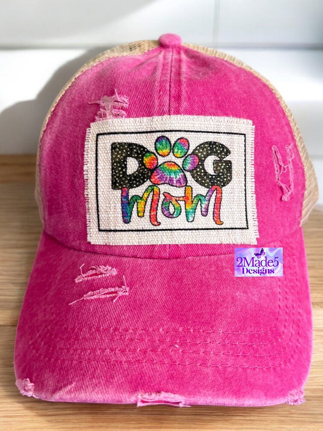 Dog Mom Pink Distressed Criss Cross Ponytail Hat