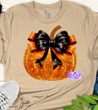 Load image into Gallery viewer, Pumpkin Bow Faux Glitter Bella Canvas Heather Dust Shirt
