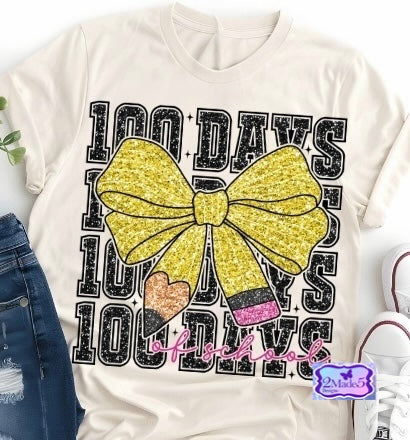 100 Days Of School Pencil Bow faux glitter Shirt