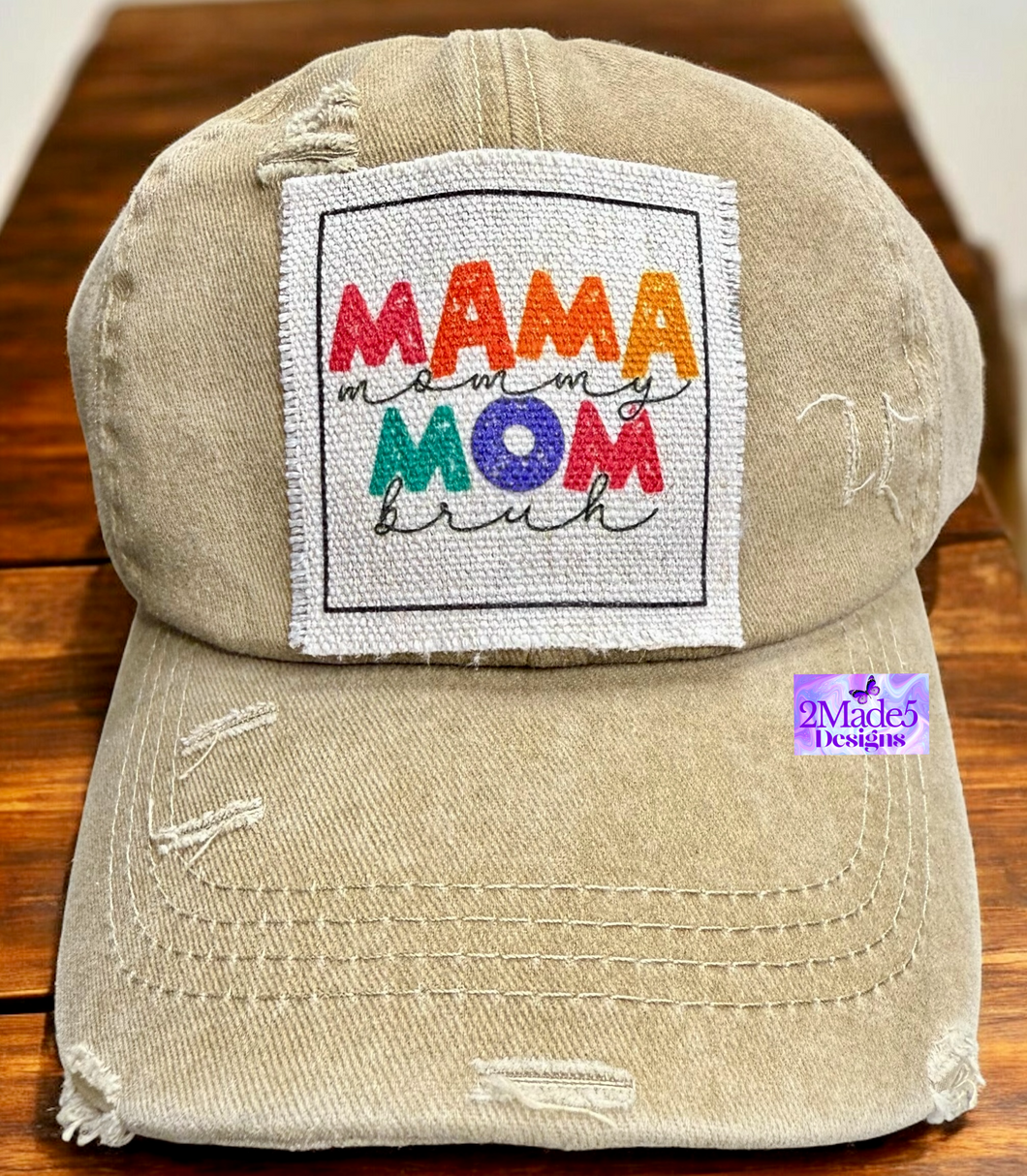Mama, Mommy, Mom, Bruh Distressed Tan Criss Cross Ponytail Hat