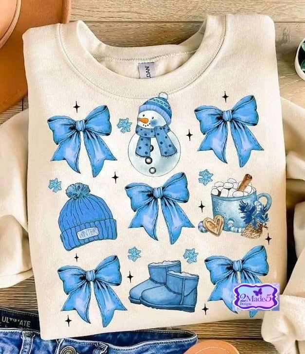 Blue Winter Collage Coquette Bows Shirt