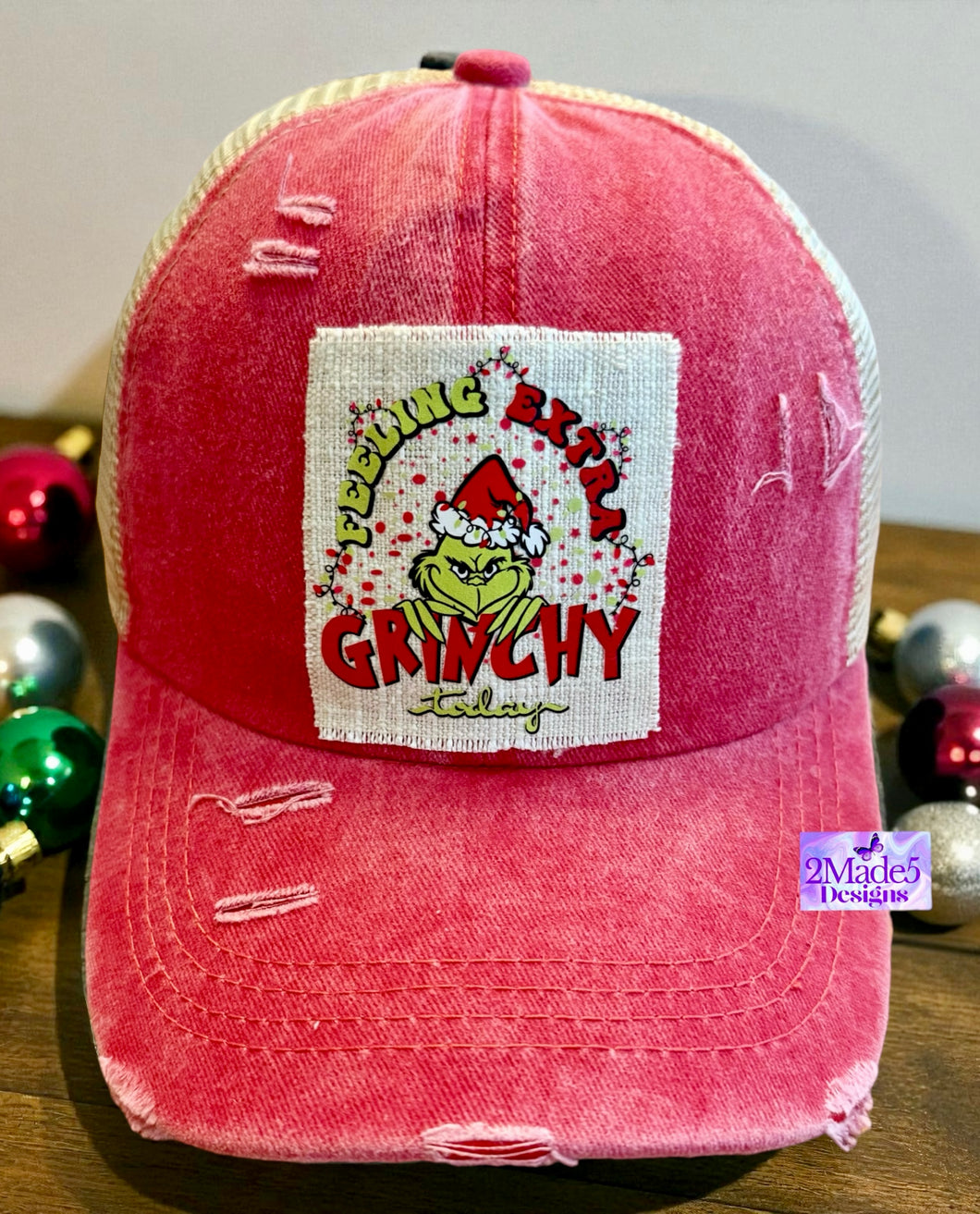 Feeling Extra Grinchy Today Distressed Criss Cross Ponytail Hat
