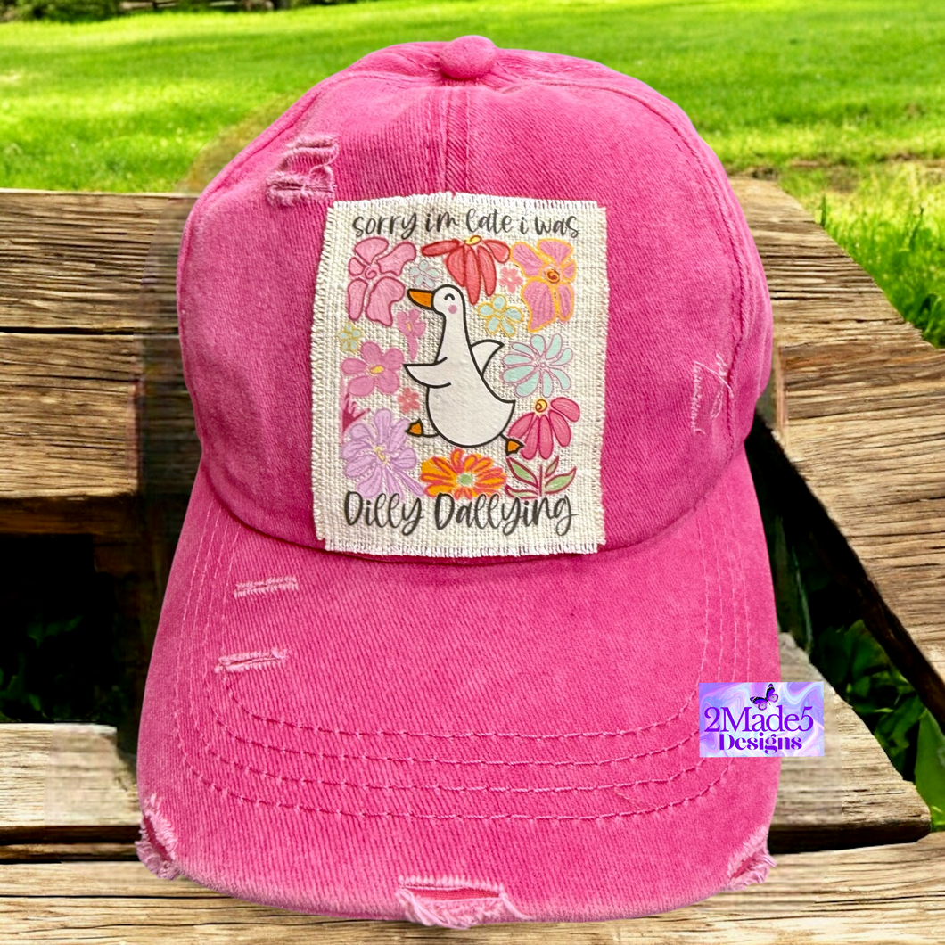 Sorry I Was Late, I Was Dilly Dallying  Distressed Criss Cross Ponytail Hat
