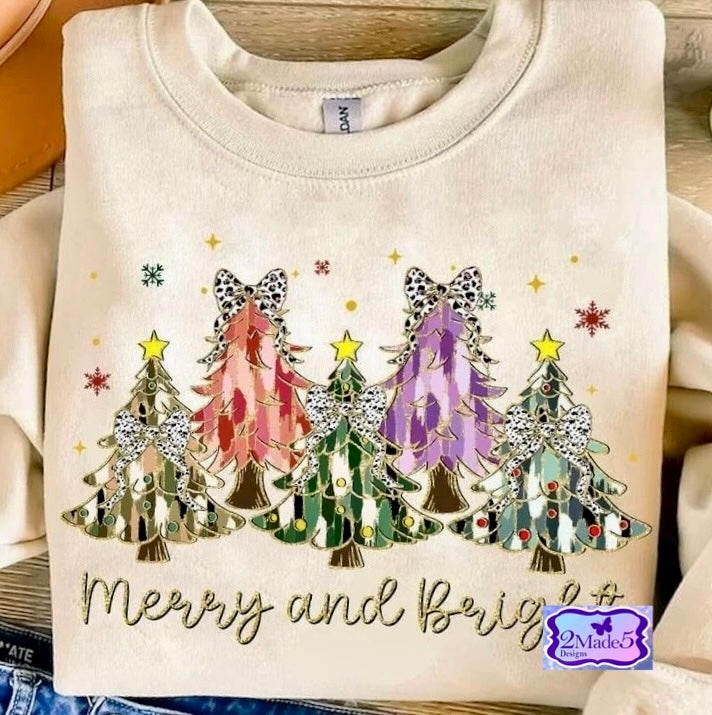 Merry And Bright Trees with Bows faux glitter Shirt