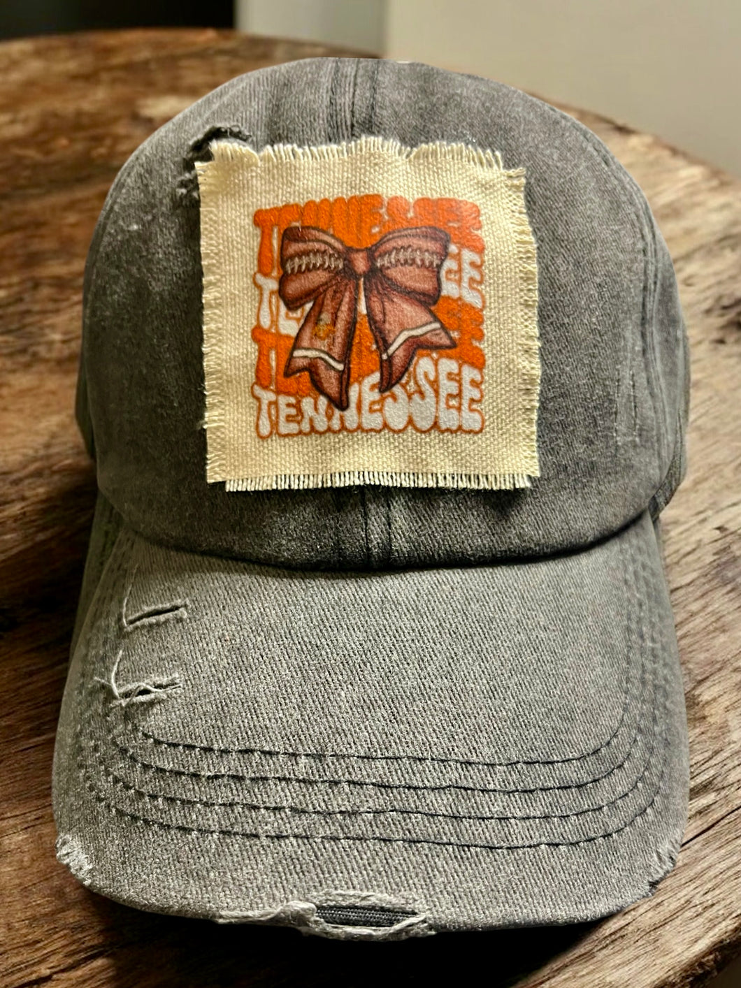 Tennessee Coquette  Bow Distressed Criss Cross Charcoal Ponytail Hat