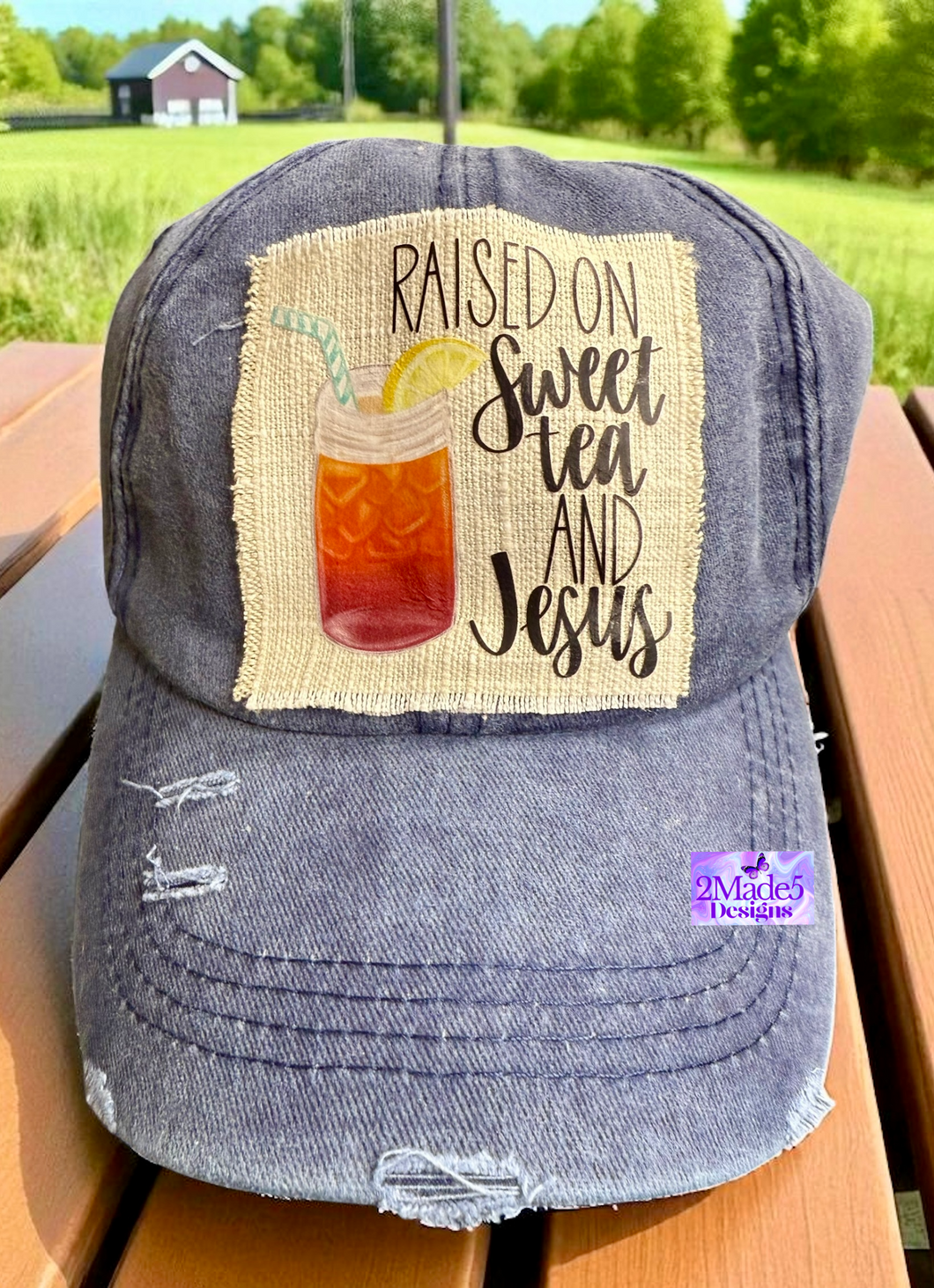 Raised On Sweet Tea and Jesus Distressed Navy Criss Cross Ponytail Hat
