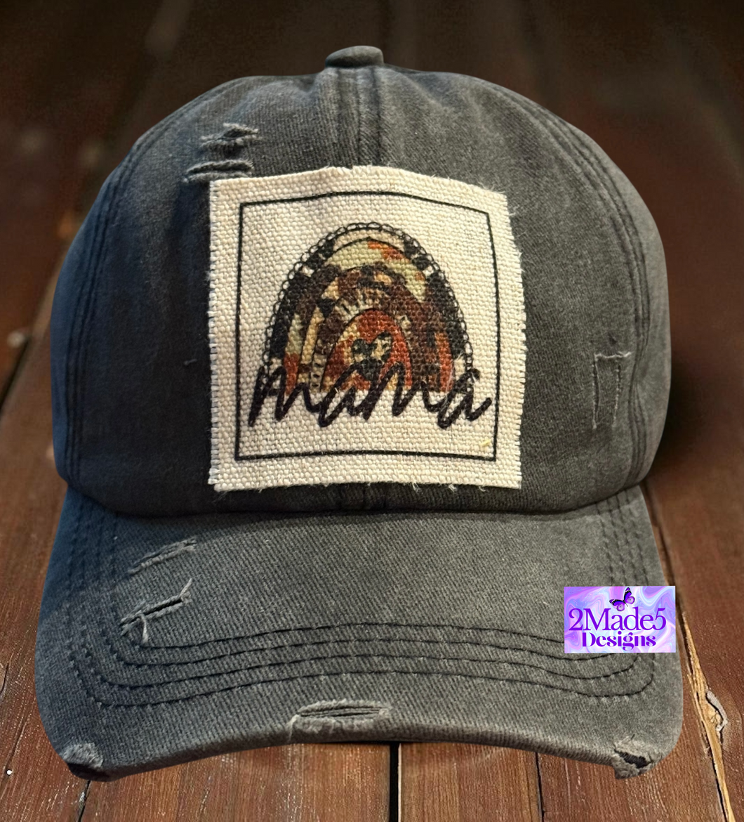 Mama Western Rainbow Distressed Criss Cross Ponytail Black Hat